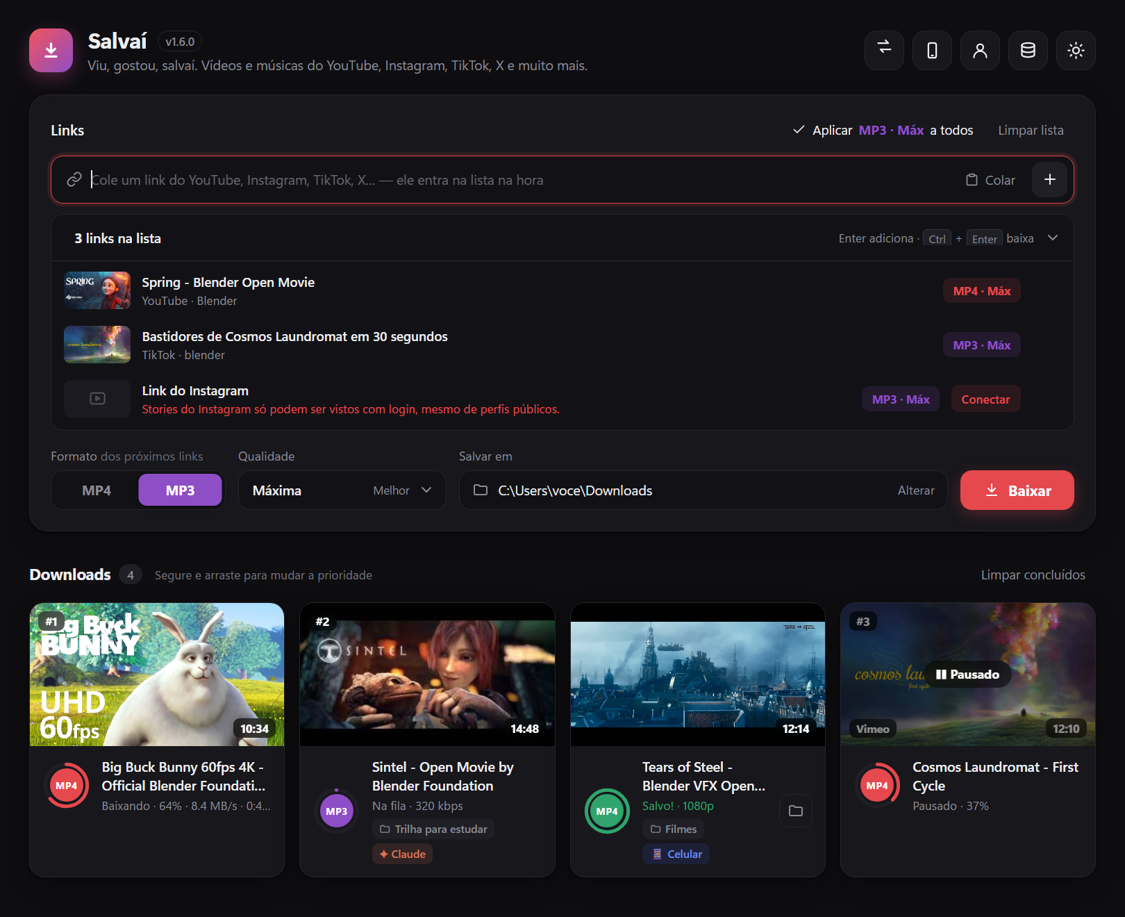 Tela do Salvaí baixando vídeos do YouTube e do TikTok em MP4 e MP3